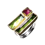 Green Tourmalines and Red Garnet Ring