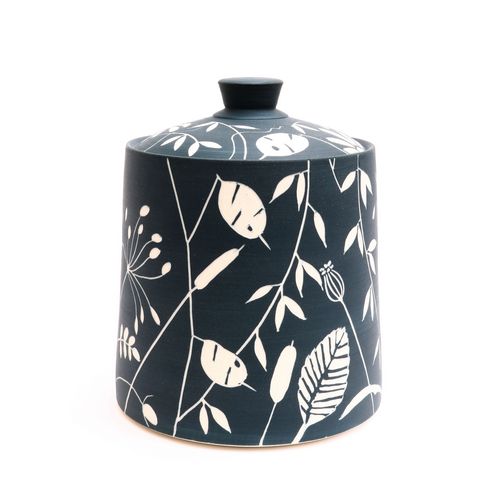 Blue Sgraffito Lidded Pot