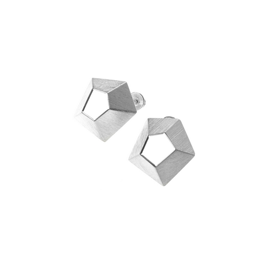 Silver Pentagon Open Scratched Earrings