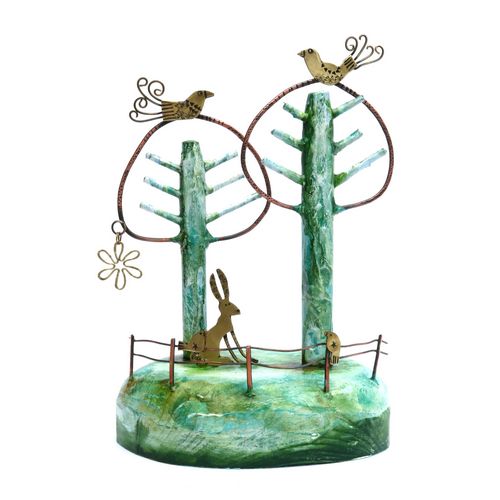 Woodland,2 Trees,Hare,4 Birds
