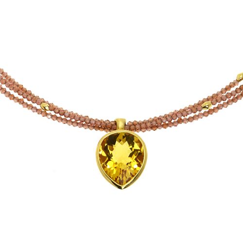 Necklace Three Garnet Strand+ Teardrop Pendant